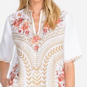 JOHNNY WAS RIANNE TOP WHITE LINEN EMBROIDERED XXL
